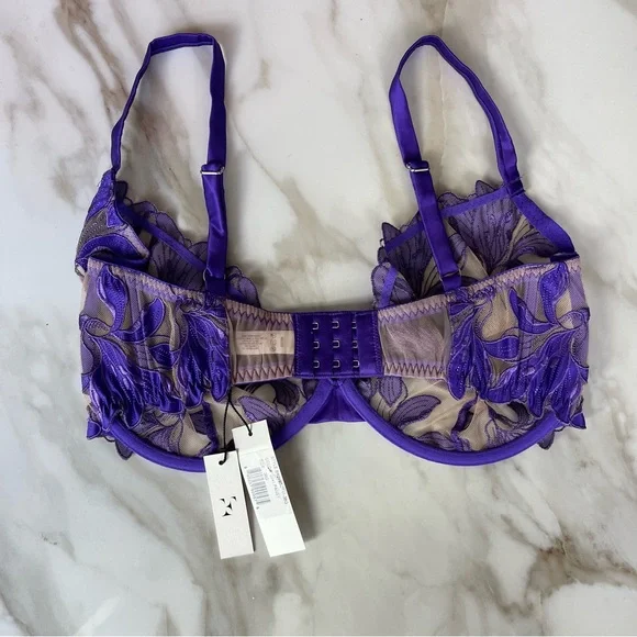 NWT Fleur Du Mal Purple Pansy Embroidery Plunge Silk Demi Bra 36G